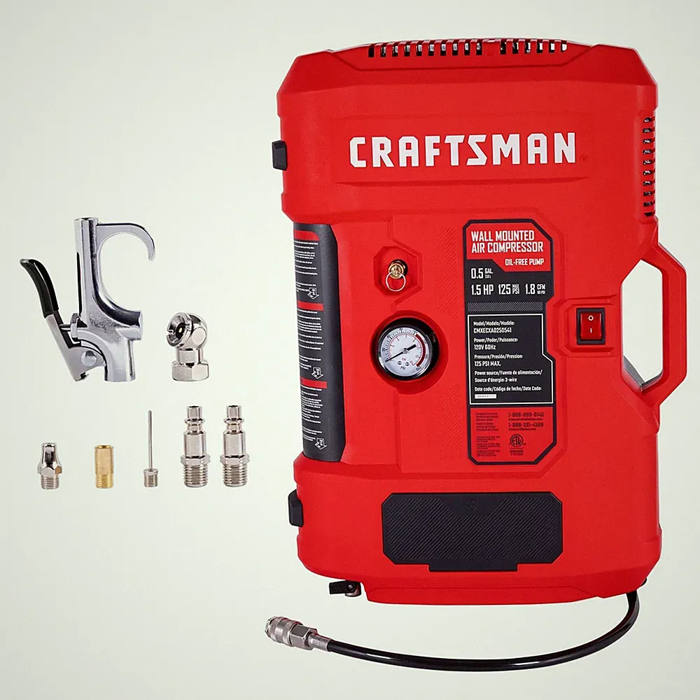 CRAFTSMAN Wall Mount Air Compressor With 7 PCS Accessory Kit, Tire Inflator Port