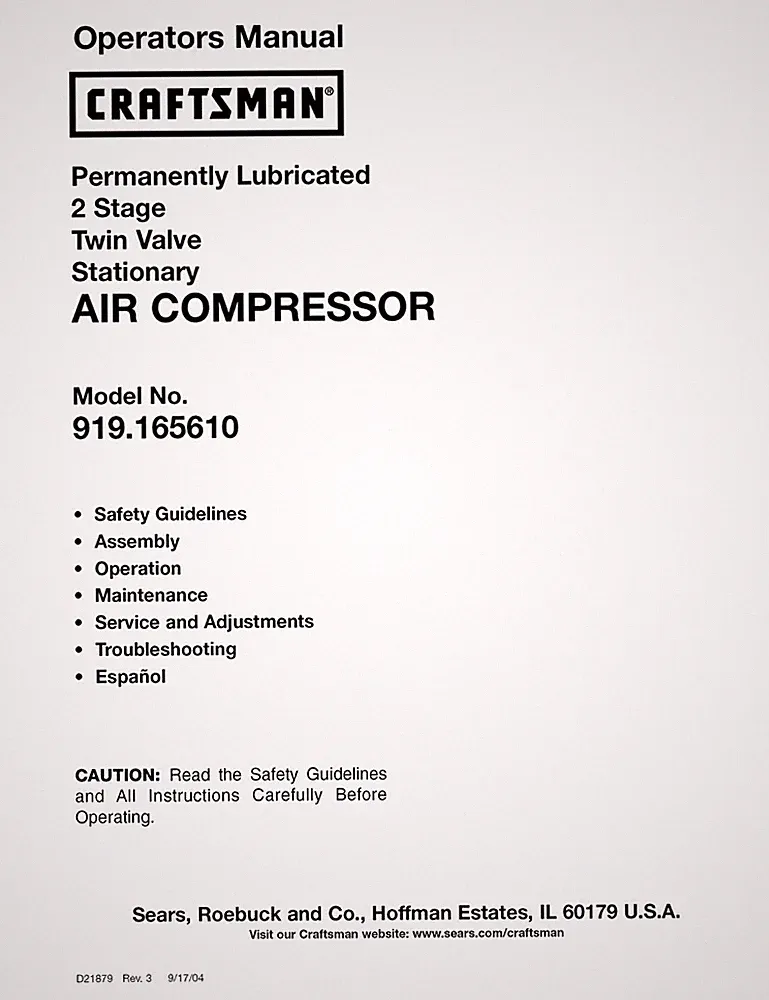 Owner's Manual for Craftsman Stationary Air Compressor - Model 919.165610