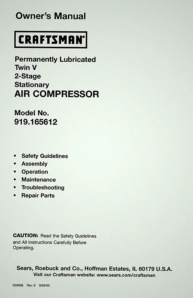 Owners Manual & Parts List Craftsman Stationary Air Compressor -Model 919.165612