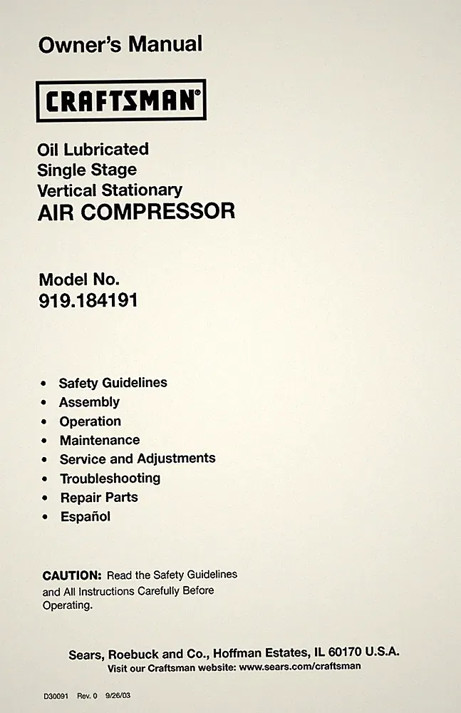 Owners Manual & Parts List Craftsman Stationary Air Compressor -Model 919.184191